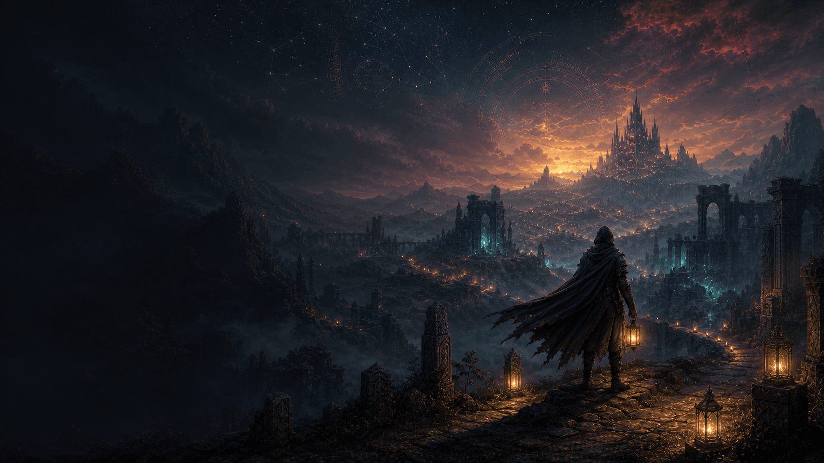 An adventurer looking toward the distant citadel of ChronVale